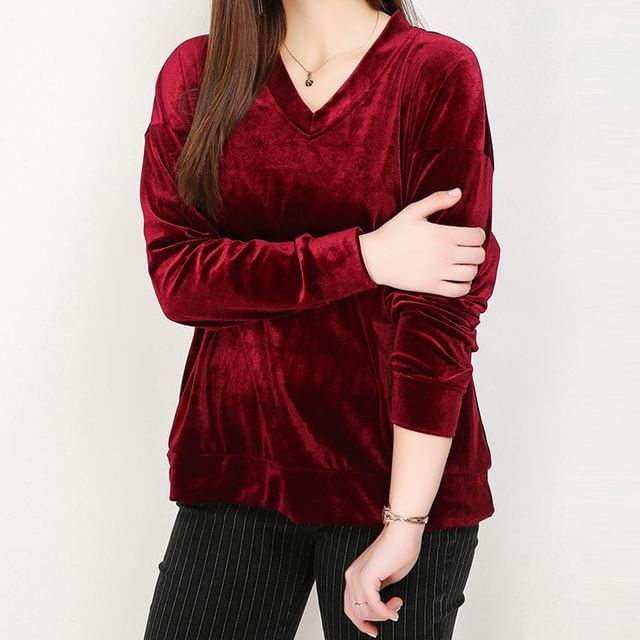 Velvet V-Neck Sweatshirt, Solid Color, Soft Texture, Relaxed Fit