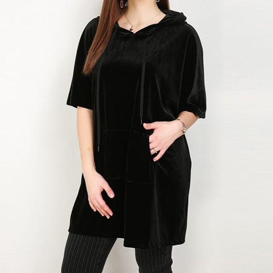 Short Sleeve Solid Velvet Long Hoodie