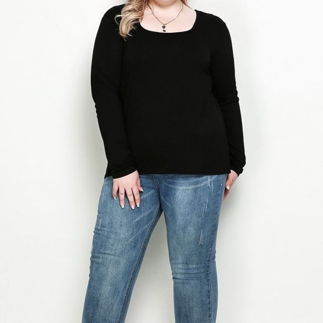 Square Neck Long Sleeve Solid T-Shirt