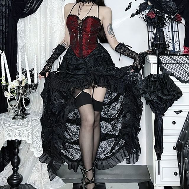 Lace Crop Corset Top & High Rise Lace Maxi Tiered Skirt