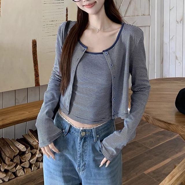Scoop-Neck Striped Crop Camisole & Cardigan Set