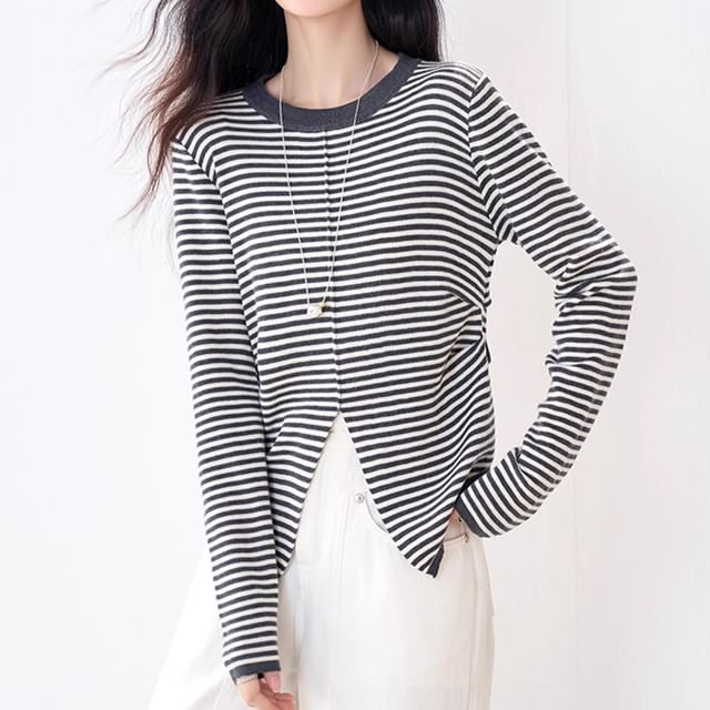 Striped Slit Knit Top with Round Neck, Long Sleeves, Casual Fit