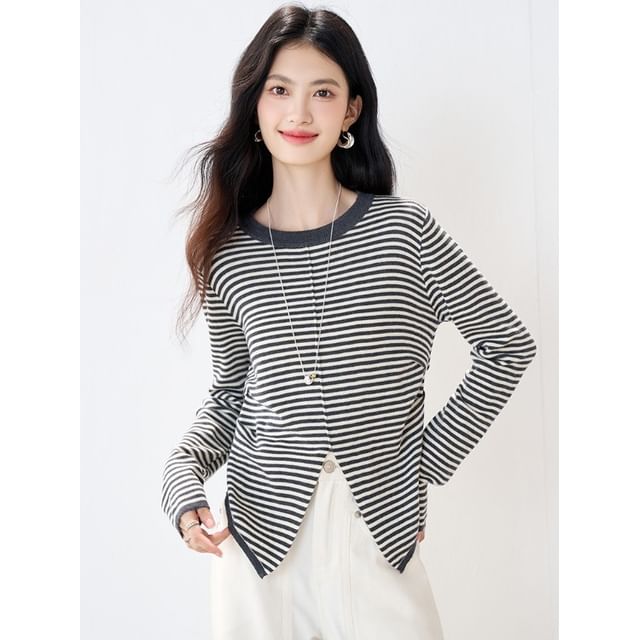 Striped Slit Knit Top with Round Neck, Long Sleeves, Casual Fit