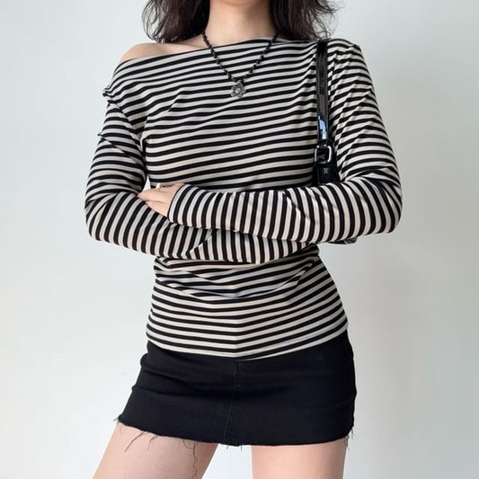 Striped Boat Neck T-Shirt with Long Sleeves, Slim Fit, Casual Style