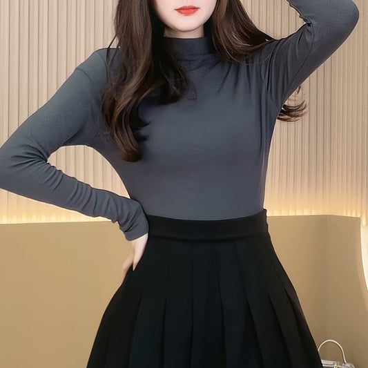 Mock Neck Long Sleeve Solid T-Shirt