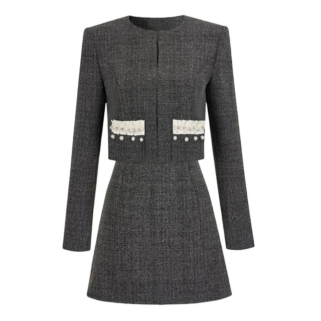 Open Front Tweed Jacket / Sleeveless A-Line Dress / Set
