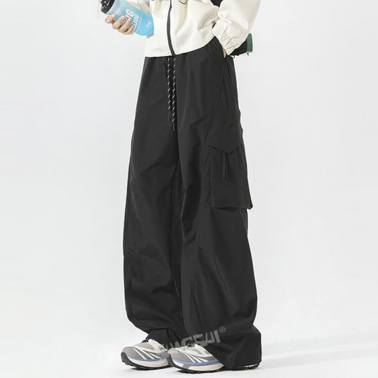 Drawstring Waist Plain Cargo Baggy Pants