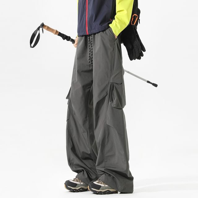 Drawstring Waist Plain Cargo Baggy Pants