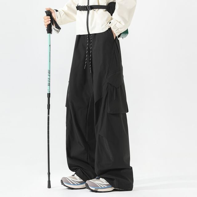 Drawstring Waist Plain Cargo Baggy Pants