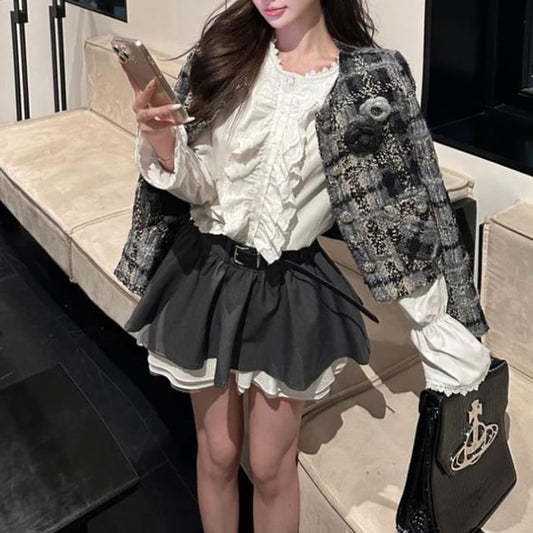 Plaid Tweed Jacket / Long-Sleeve Plain Blouse / Mini Skirt