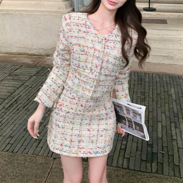 Set: Button-Up Tweed Crop Jacket + Mini Skirt