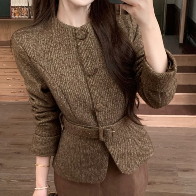 Button-Up Tweed Jacket / Mini Skirt / Belt / Set