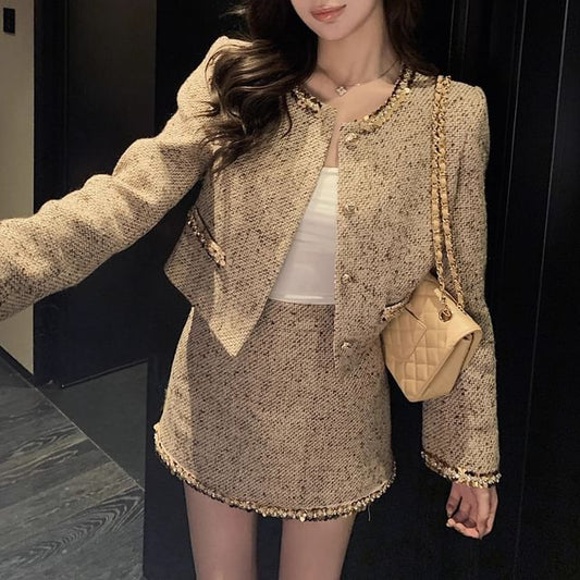Crew Neck Sequin Trim Button-Up Tweed Crop Jacket / High Rise Mini A-Line Skirt