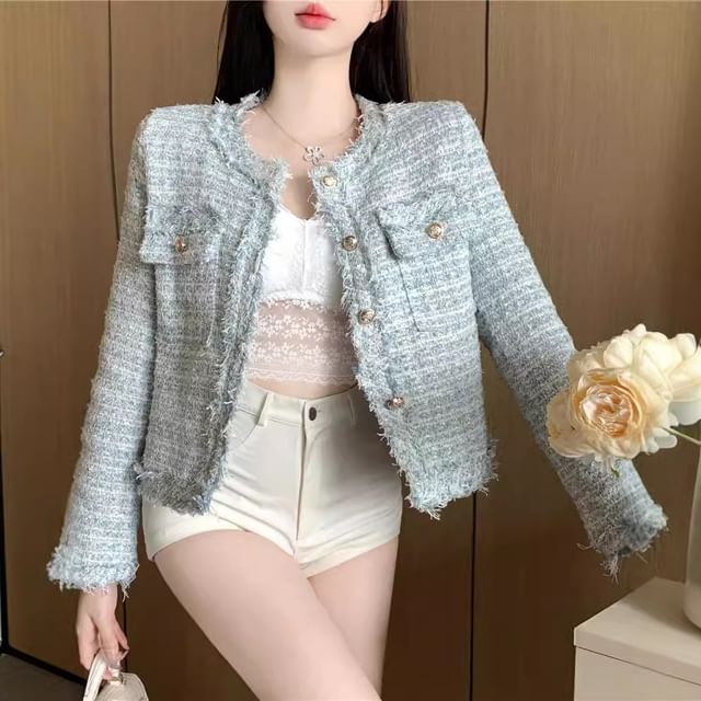 Crew Neck Button-Up Tweed Jacket
