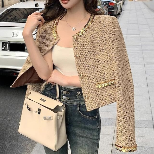 Crew Neck Sequin Trim Button-Up Tweed Crop Jacket / High Rise Mini A-Line Skirt