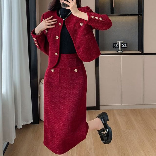 Set: Button-Up Tweed Jacket + High Waist Maxi Skirt
