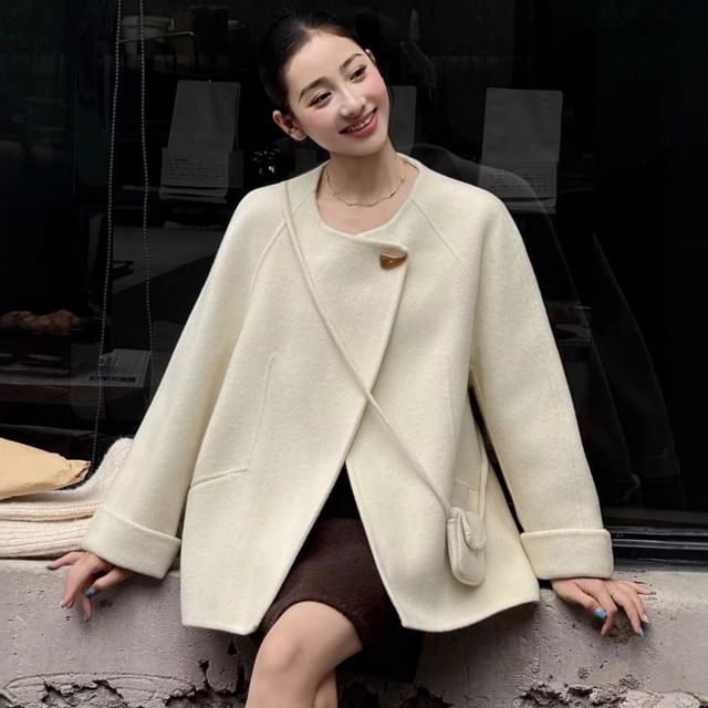 Round Neck Plain Single-Button Wool Jacket