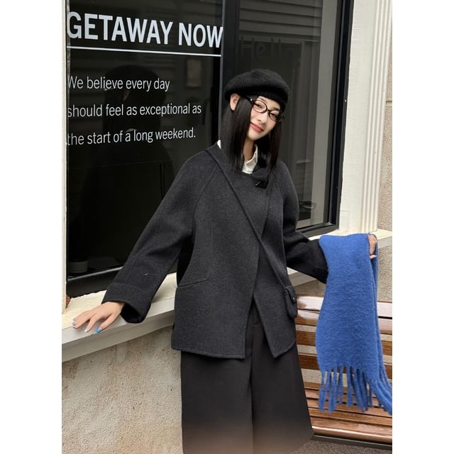 Round Neck Plain Single-Button Wool Jacket