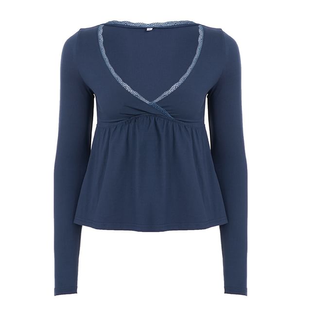 Plain Lace-Trim V-Neck A-Line Long Sleeve T-Shirt