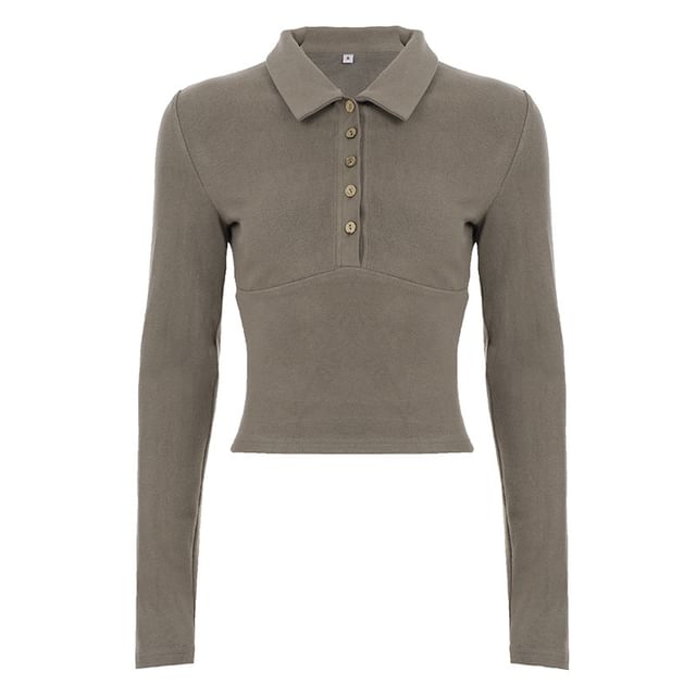 Collared V-Neck Slim-Fit Crop Top Long Sleeve