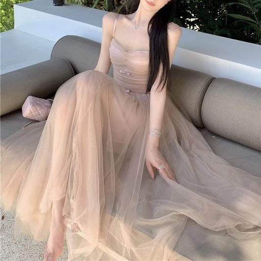 Spaghetti Strap Plain Ruched Maxi A-Line Dress