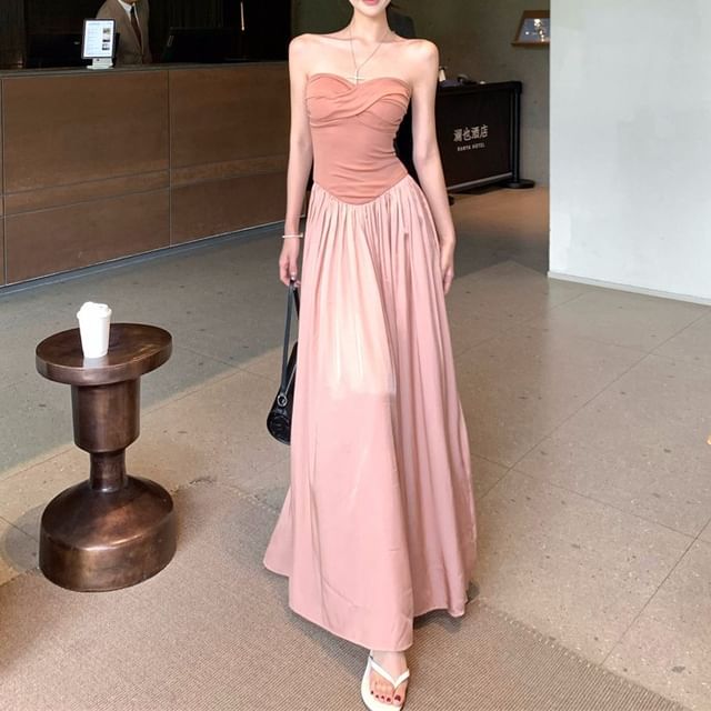 Strapless Plain Twisted Panel Maxi A-Line Dress