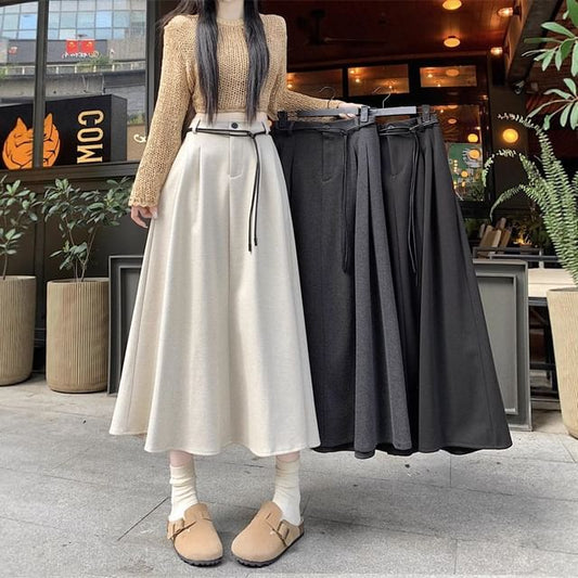 Plain Pleated Midi A-Line Skirt with High Rise