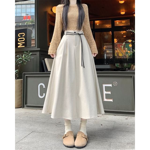 Plain Pleated Midi A-Line Skirt with High Rise