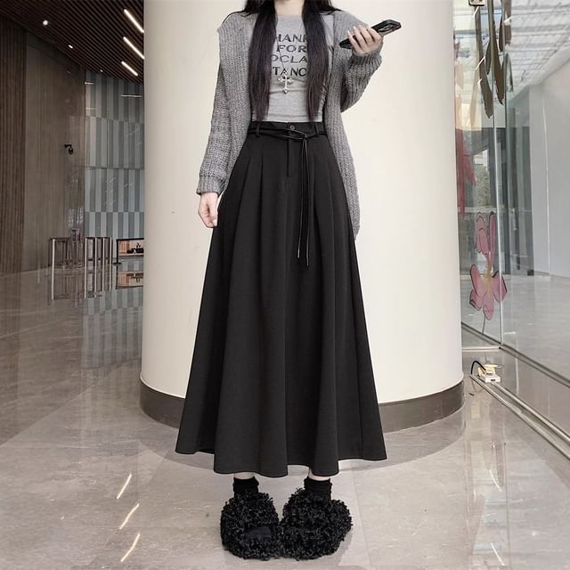 Plain Pleated Midi A-Line Skirt with High Rise