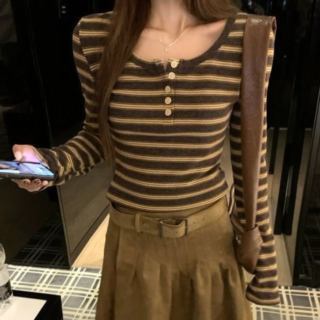 Long-Sleeve Henley Striped Knit Top and Plain A-Line Skirt