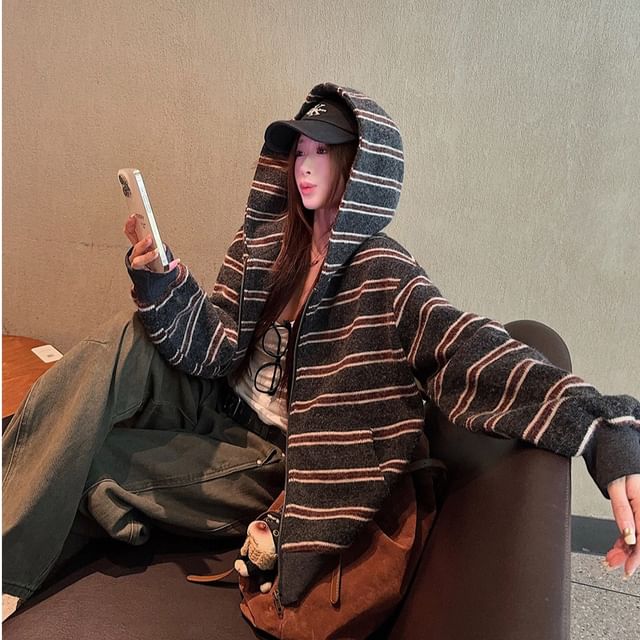 Zip-Up Hoodie with Striped Pattern