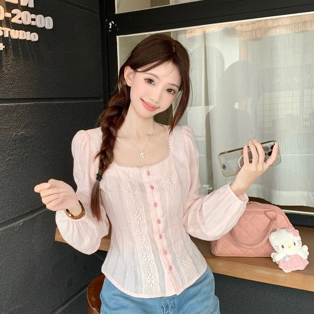 Square Neck Lace Crop Top with Long Sleeves