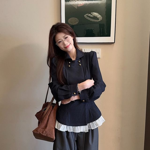 Denim Top with Long Sleeves, Collared Neck, and Frill Trim
