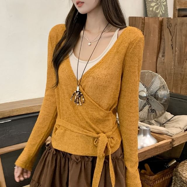 V-Neck Knit Top with Long Sleeves and Two-Tone Design
