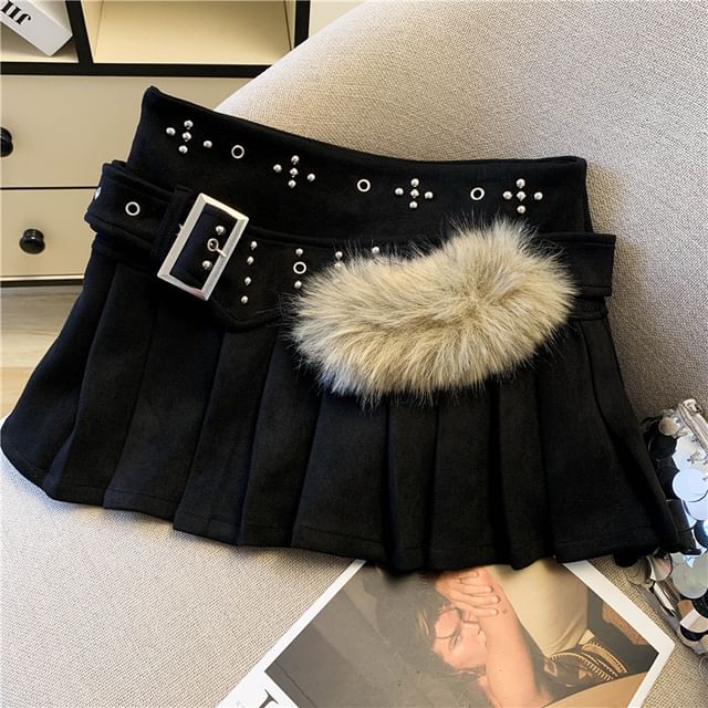 Studded Fleece Panel Belted Pleated Mini A-Line Skirt