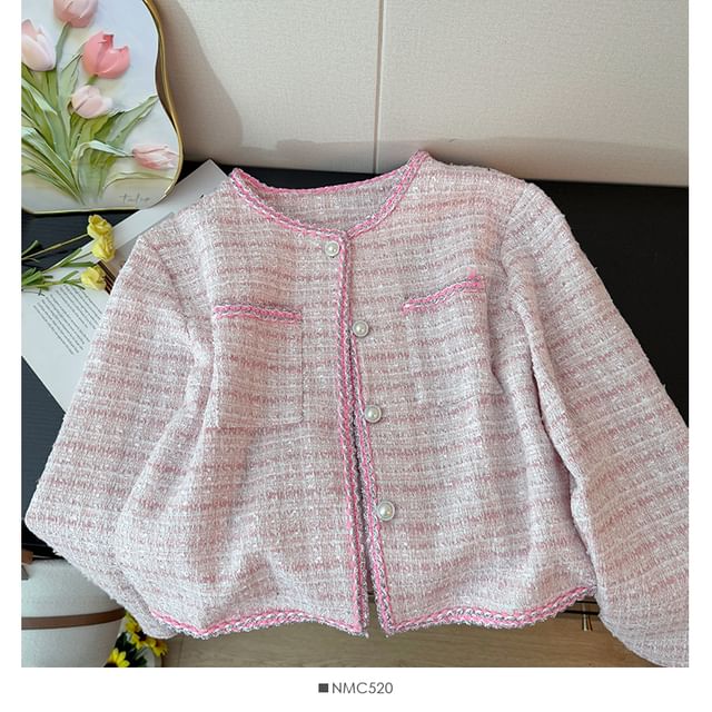 Long Sleeve Round Neck Tweed Jacket