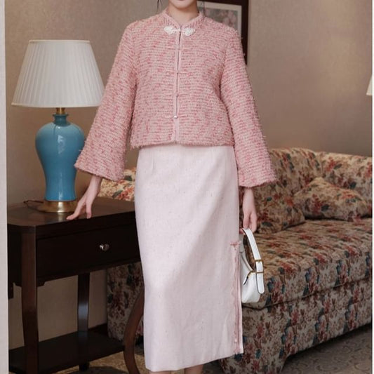 Mandarin Collar Tweed Frog Button Jacket / High Rise Slit Midi Pencil Skirt / Set