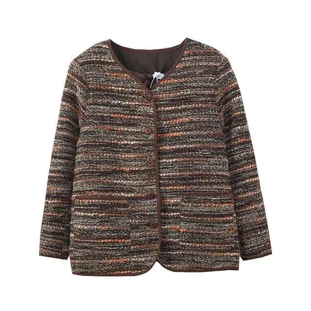V-Neck Tweed Button Jacket / Long Sleeve Two Tone Panel Half Zip Hooded Top