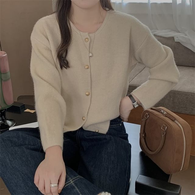 Crewneck Button-Up Plain Cardigan