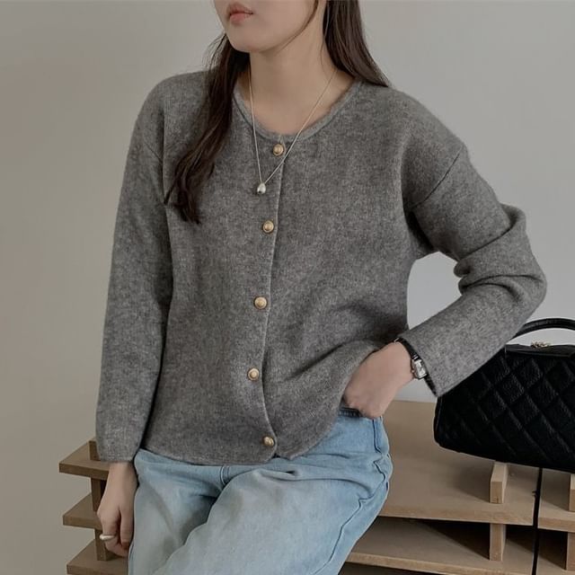 Crewneck Button-Up Plain Cardigan