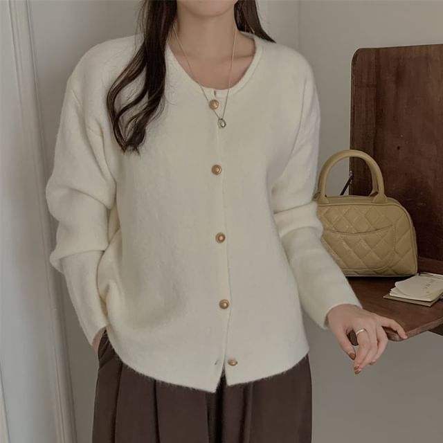 Crewneck Button-Up Plain Cardigan