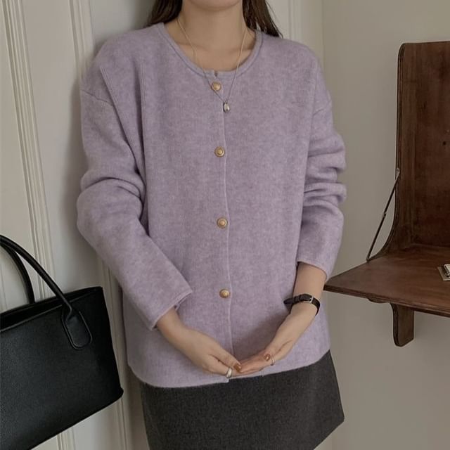 Crewneck Button-Up Plain Cardigan