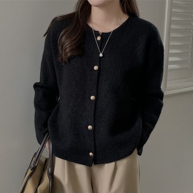 Crewneck Button-Up Plain Cardigan