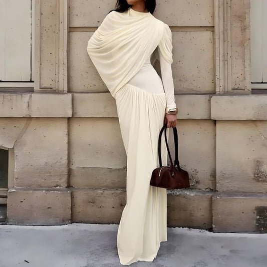 Long-Sleeve Crew Neck Plain Ruched Maxi Sheath Dress