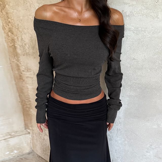 Cropped Off-Shoulder T-Shirt with Long Sleeves, Slim Fit, Solid Color