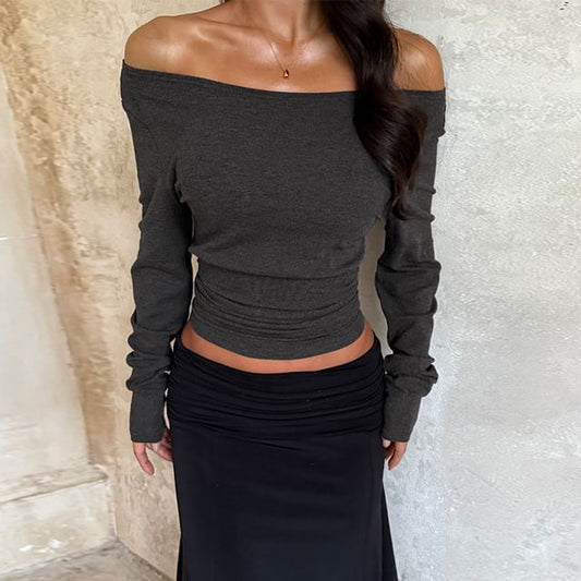 Cropped Off-Shoulder T-Shirt with Long Sleeves, Slim Fit, Solid Color