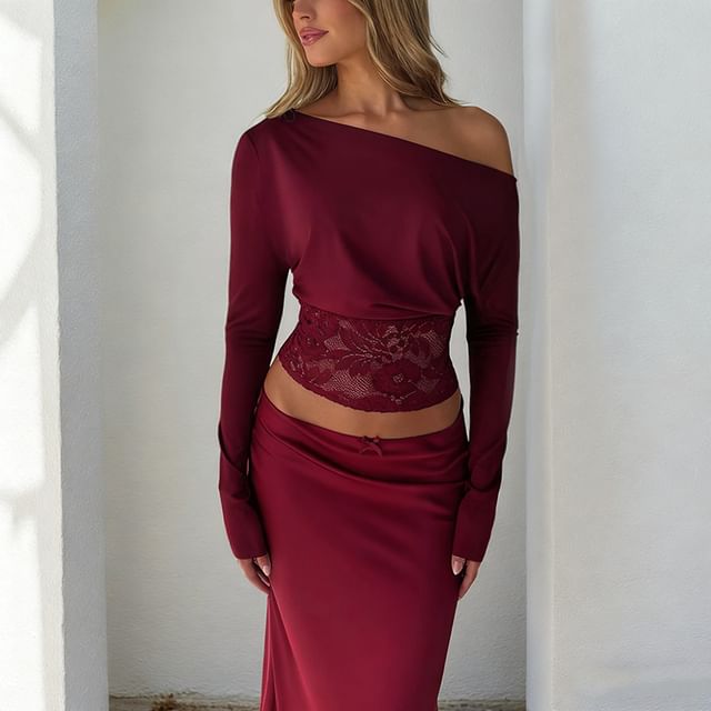 Cropped Lace-Paneled Off-Shoulder Top with Long Sleeves, Slim Fit