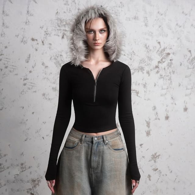 Fitted Hooded Pullover Top with Half-Zip and Furry Accents, Long Sleeved