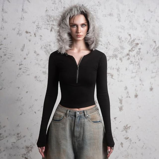 Fitted Hooded Pullover Top with Half-Zip and Furry Accents, Long Sleeved