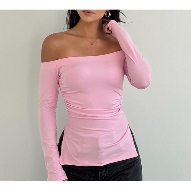 Slim-Fit Long-Sleeved T-Shirt with Off-Shoulder Design and Slit Detail
